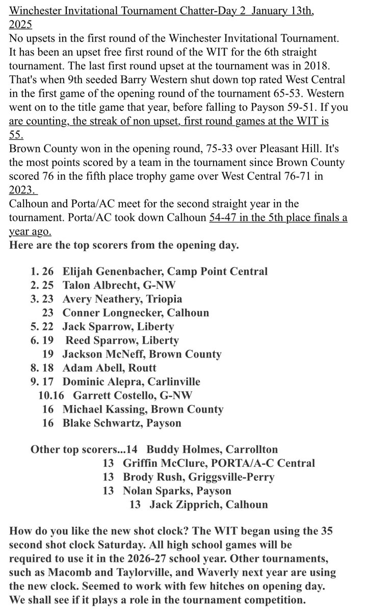 WITTourney's tweet photo. 102nd WIT - Day #2 Schedule

6:00pm - #1 Routt vs. #9 Triopia

7:30pm - #4 Calhoun vs. #5 Porta/AC

Doors will open at 5:15pm. 

Winchester Tournament daily chatter attached, provided my WEAI https://t.co/Z7dcT55eIw