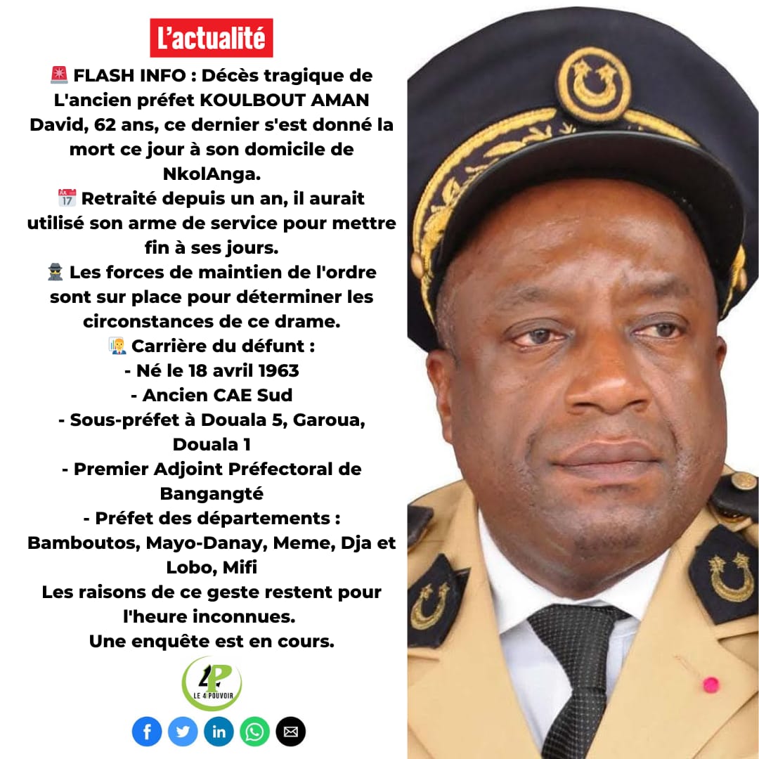 HumanityPurpose's tweet image. #Suicide 13.01.2025
Décès de l'ancien Préfet de la #Mifi (#Bafoussam, #Cameroun) en se faisant tirer une balle dans la tête.
Aucun détails sur les raisons qui l'ont poussé à ce point.