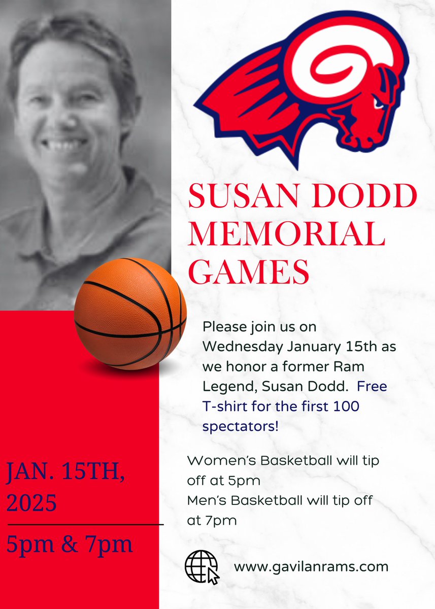 Susan Dodd Memorial Games❤️📷 On January 15th, 2025, we come together to honor the life and legacy of a true Ram Legend, Susan Dodd. Join us as we celebrate her legacy through the sport she loved so deeply.  Free t-shirt to 1st 100 spectators!  #SusanDoddMemorial #RamPride
