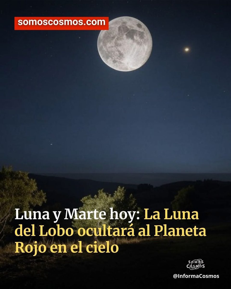 La Luna y Marte esta noche nos ofrecen un espectáculo especial: La primera Luna llena del mes aparecerá brillante en el cielo junto a al planeta rojo. 

Pero eso no es todo, para algunas regiones también habrá ocultación lunar de Marte. Lee más: wp.me/pfx5bk-35M
