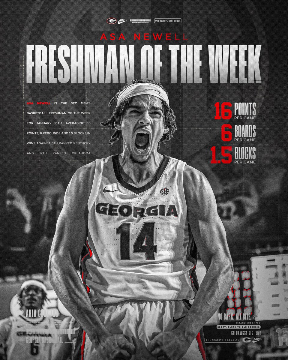 Georgia Basketball (@ugabasketball) on Twitter photo For the third time this season 📈
<a href="/SEC/">Southeastern Conference</a> Freshman of the Week: <a href="/NewellAsa/">Asa Newell</a> 🚀
#GoDawgs For the third time this season 📈
<a href="/SEC/">Southeastern Conference</a> Freshman of the Week: <a href="/NewellAsa/">Asa Newell</a> 🚀
#GoDawgs