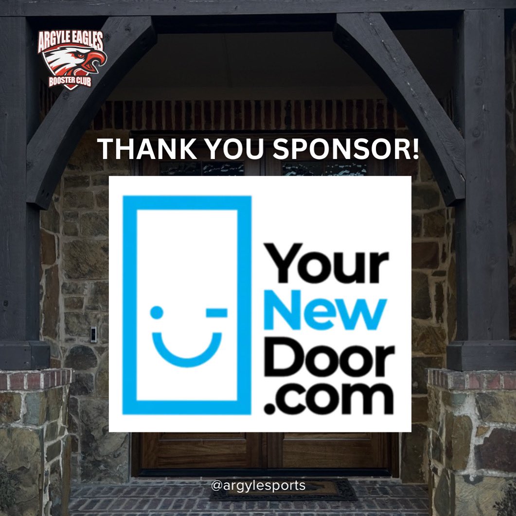 ArgyleSports's tweet image. Thank you to our incredible sponsor, @yournewdoor for supporting the Argyle Eagles Booster Club! Your generosity helps our Eagles soar both on and off the field. 🦅❤️ #ThankYouSponsor #ArgyleEagles #AEBC