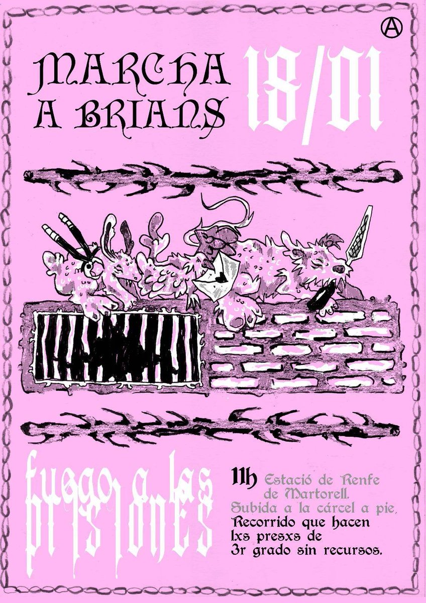 Compartim! AQUEST DISSABTE, MARXA A LA PRESÓ DE BRIANS (BCN).
👉Sortida 11'00h. Davant l'estació de tren de Martorell.
Foc a les presons! #AbajoLosMuros