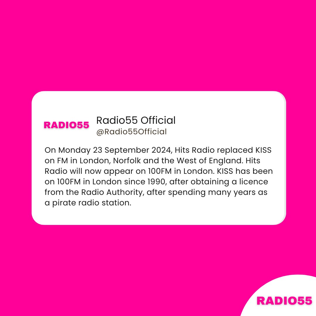 Radio55Official's tweet photo. On Monday 23 September 2024, Hits Radio replaced Kiss FM on 100FM London frequency.
KISS has been on 100FM in London since 1990.
#Radio #RadioNews #KISSFM #HitsRadio #100FM #London https://t.co/BYqbKOfqXQ