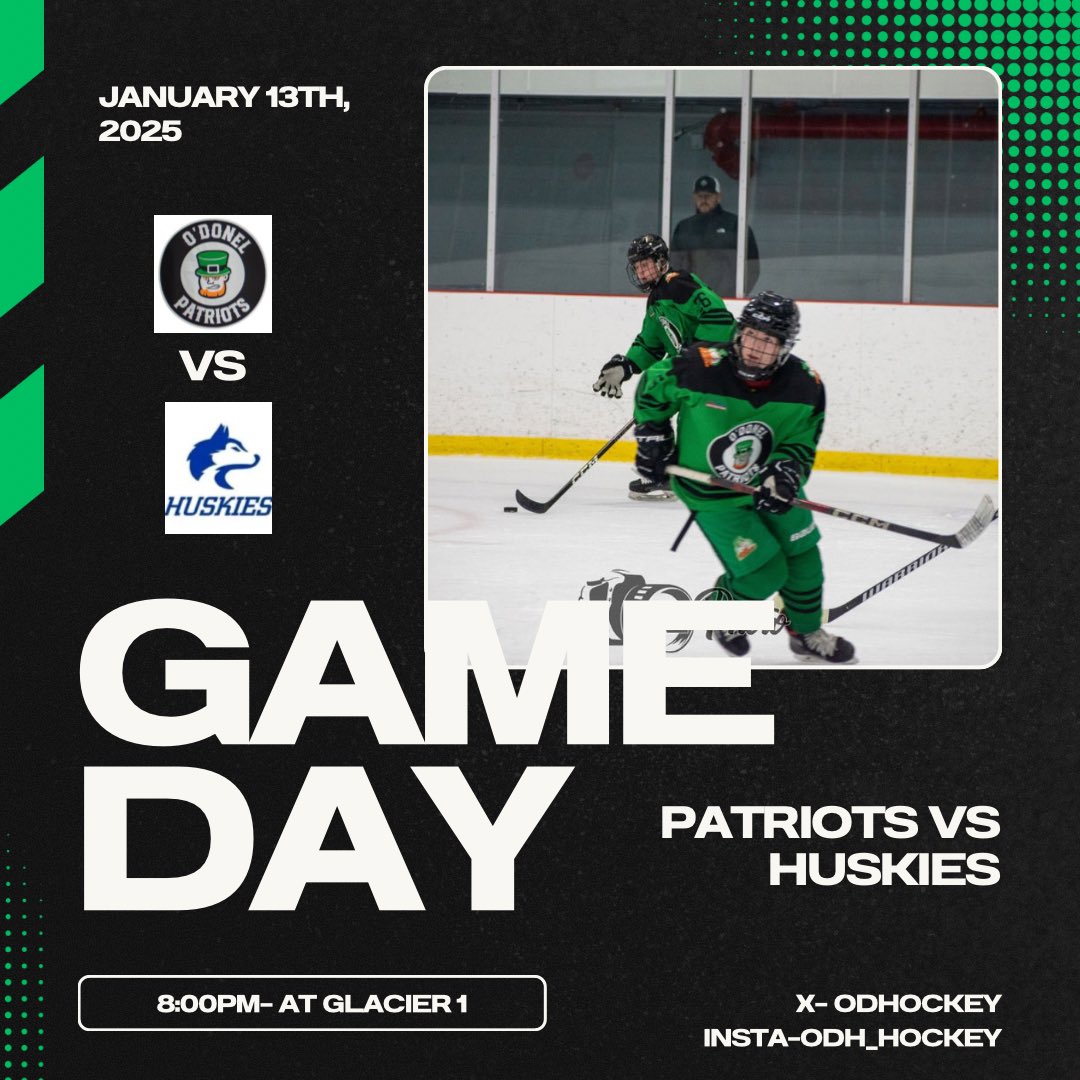 ODHockey's tweet photo. Game day!! we look to play @mpsh_huskies tonight 8pm Glacier 1. Everyone come out and wear your jerseys in support of JD! Donations will be taken at the arena. #27💜 #bleedgreen https://t.co/GBKtYjUVAS