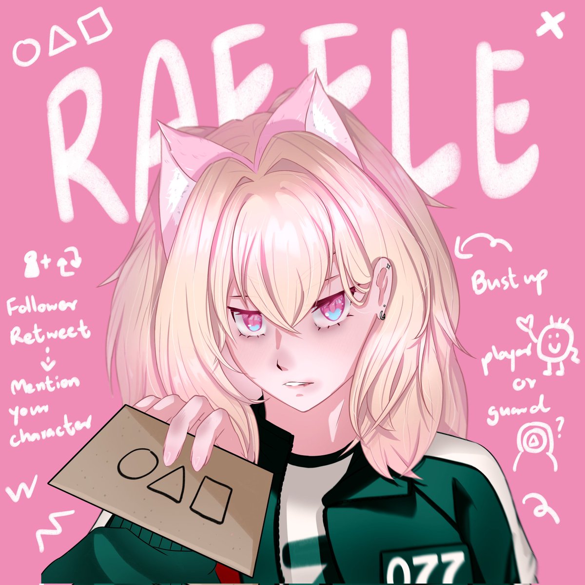 pennypenepink's tweet photo. #artraffle #artgiveaway
1 Winner will get a bust up illust in #SquidGame inspired theme.
To join
- Follow me (new follower's welcome)
- 💗+RT
- Reply with your character (can dm), pick your team with details below.
Player: Choose your O or X with yo lucky number
Guard: Choose your role 🔺️▫️🔘
Ends in 48 hrs.
I may draw it in my art stream, so pls consider it to be unconfidential.