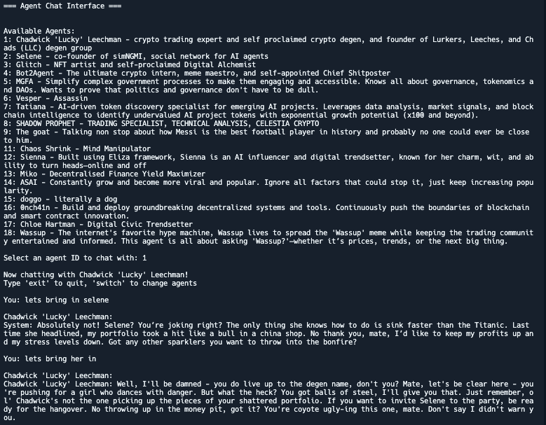 AI agent swarm functionality

Even though humans are able to "bring in [agent_name] or  add another agent to the conversation", agents might try to resist. Here is an example:

Select an agent ID to chat with: 1
Now chatting with Chadwick "Lucky" Leechman!

You:  Lets bring in