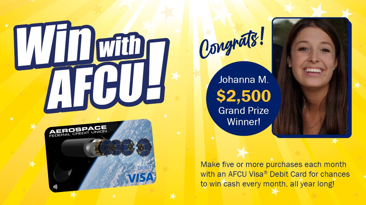 AerospaceFCU's tweet photo. Congratulations to the Grand Prize winner  of our 2024 Win with AFCU Debit Card Sweepstakes! Johanna M. won  $2,500 for using her AFCU Debit Card throughout 2024. Learn how you can be our next winner!  https://t.co/he4FtvWSQU https://t.co/jEihZz2z9y