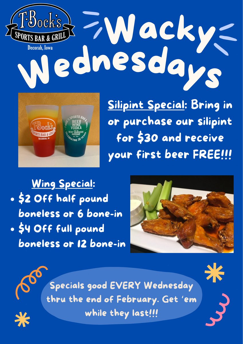Check out our silipint and wing specials - every Wednesday!!!