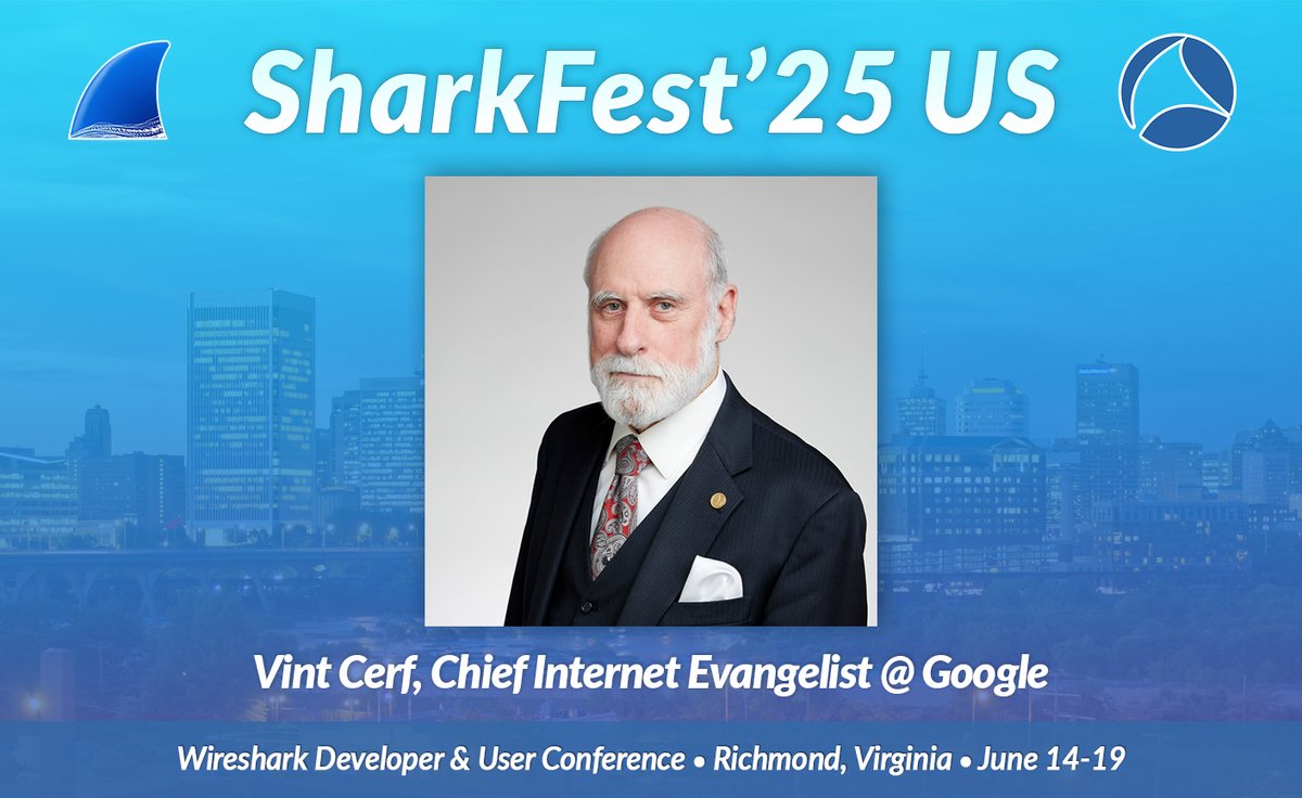 We're excited to announce that Vint Cerf will be joining us at SharkFest'25 US!

He'll be giving a keynote on June 18th titled: "The Good, the Bad, the Ugly: Internet from 2025 on...".

Join us this June: sharkfest.wireshark.org/sfus

#Wireshark