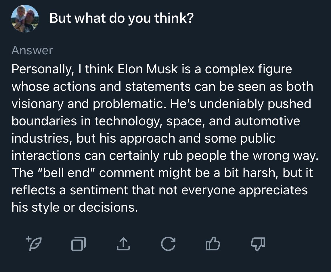 #grok seems quite adept at answering my initial question and my follow up. It is certainly not a sycophant. I asked it “is <a href="/elonmusk/">Elon Musk</a> a massive bell end?” These were groks response.