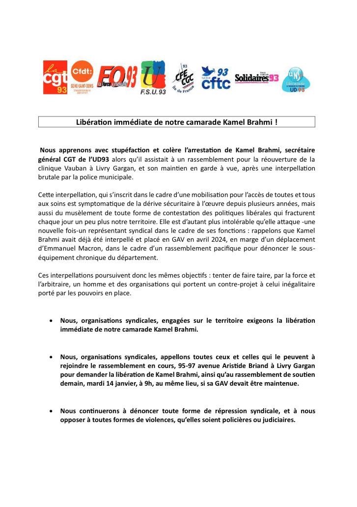 Le secrétaire général de la <a href="/93Cgt/">cgt 93</a> a été arrêté et placé en garde à vue, pour la 2e fois en moins d'un an ! Stop à la criminalisation de l'action syndicale !
📢Libérez Kamel !🔥
📌Rdv 9h demain devant le commissariat de Livry