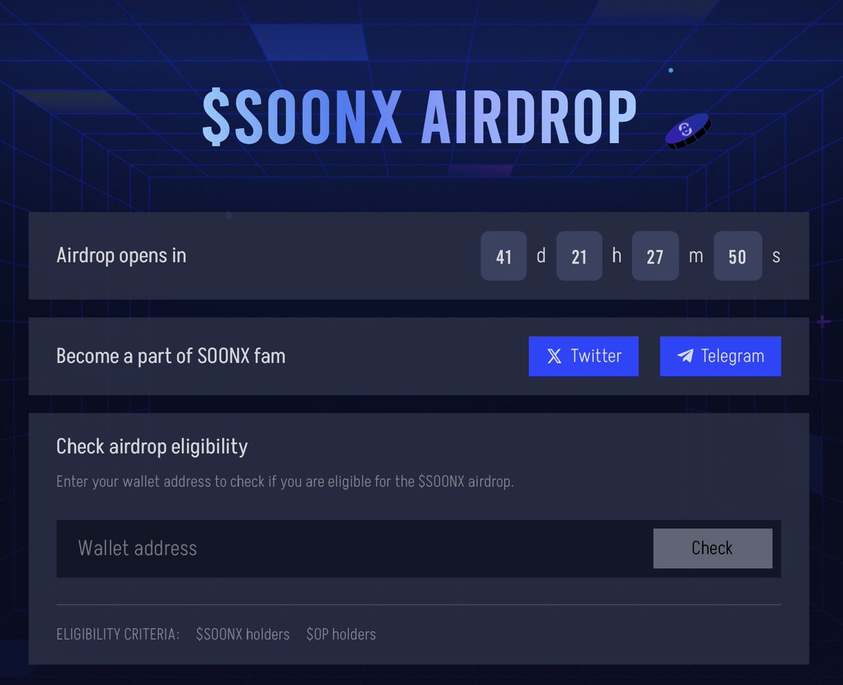 From0To10k's tweet photo. Petit airdrop $SOONX de dispo pour les holders de $SOONX et $OP. Il vous suffit simplement de coller l'adresse de votre wallet dans le champ.

✅ Site : https://t.co/klLktYlEmL

La période de claim sera disponible dans 42 jours. Ça donne quoi chez vous ? https://t.co/idAg6NGPAV