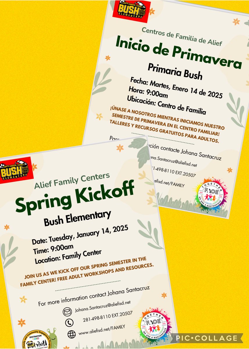 TOMORROW! Join us as we kickoff the spring semester with the opening of our Bush Family Center. Free workshops, classes, and resources for families! ⁦<a href="/ajbushelem/">Bush Elementary</a>⁩ ⁦<a href="/Alief_Fame/">Alief FACE</a>⁩