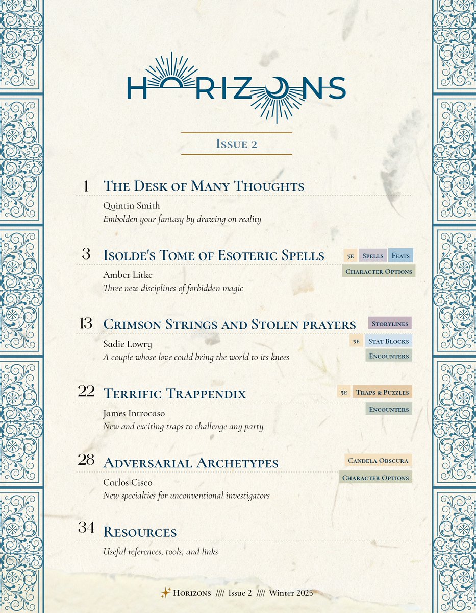 Wildmage Press (@wildmagepress) on Twitter photo Read our editor's notes on the amazing articles coming in Horizons 2, by Amber Litke, Sadie Lowry, James Introcaso, Carlos Cisco, and op-ed wordsmith Quintin Smith!
Our featured system this month is Candela Obscura by <a href="/DarringtonPress/">Darrington Press</a>!
🕯️wildmagepress.com/2025/01/horizo… Read our editor's notes on the amazing articles coming in Horizons 2, by Amber Litke, Sadie Lowry, James Introcaso, Carlos Cisco, and op-ed wordsmith Quintin Smith!
Our featured system this month is Candela Obscura by <a href="/DarringtonPress/">Darrington Press</a>!
🕯️wildmagepress.com/2025/01/horizo…