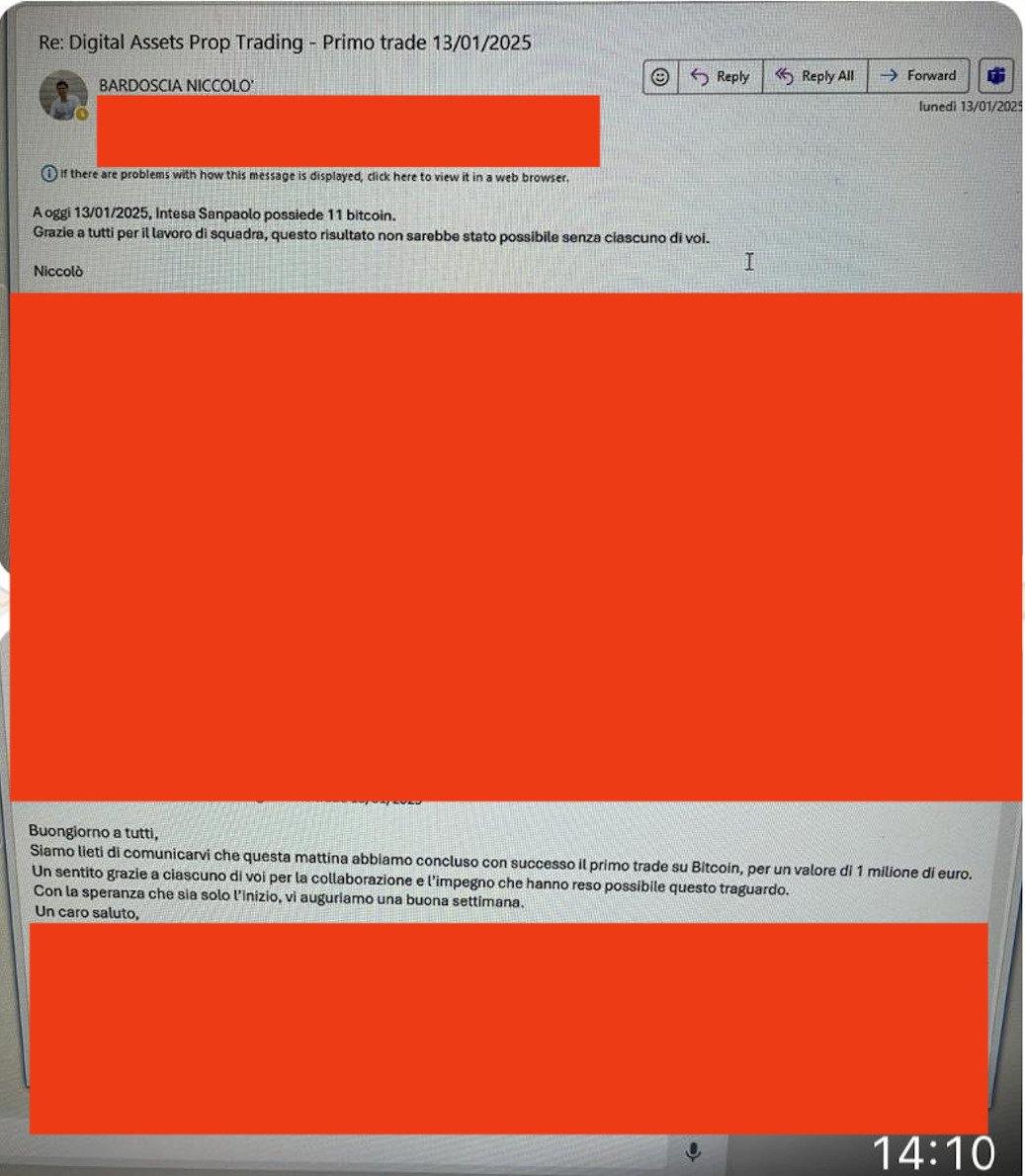 BREAKING: 🇮🇹 Italy's largest bank Intesa Sanpaolo has started buying Bitcoin, according to leaked internal emails which celebrate the "first transaction" of €1m for 11 $BTC
