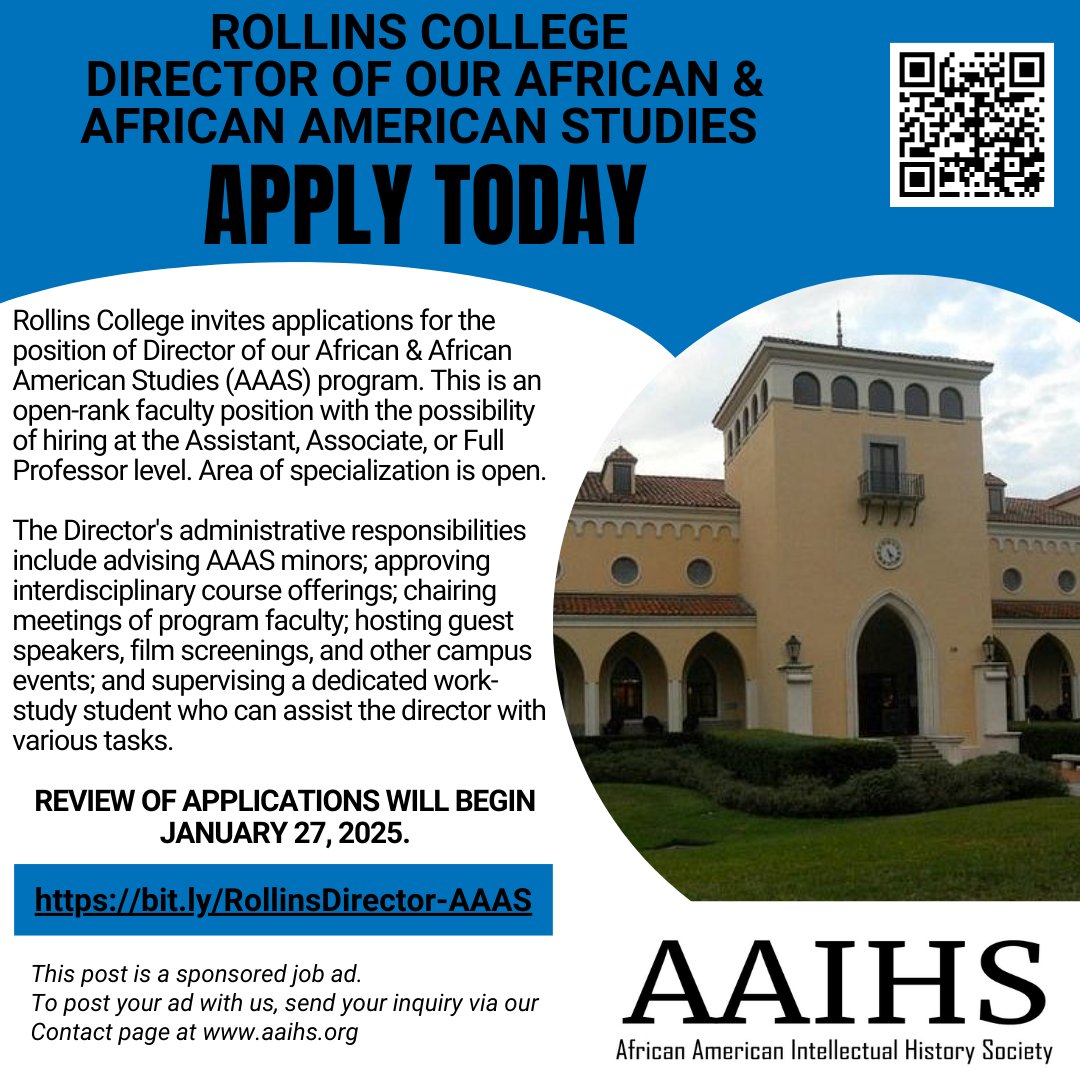 BlkPerspectives's tweet photo. Rollins College invites applications for the position of Director of the African &amp; African American Studies program. This is an open-rank faculty position with the possibility of hiring at the Assistant, Associate, or Full Professor level. 

https://t.co/YRRrLiGseU https://t.co/BLFgIv68Lg