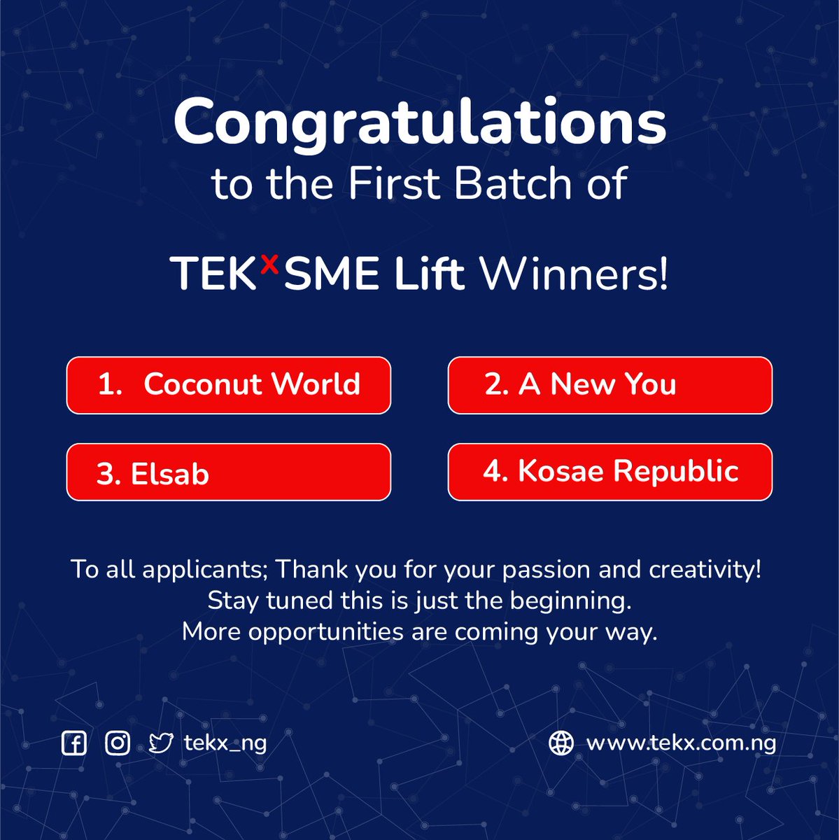 🎉 Congrats to the First Batch of TEKx SMELift Winners!

After reviewing countless inspiring applications, we’re thrilled to announce the businesses selected for the first batch of the TEKx SMELift Program! 

🏆 Winners: 
@wazirirukayya
@Anew_youx
<a href="/Elsab/">elsab</a>
<a href="/KosaiRepublic/">KOSAI REPUBLIC</a>