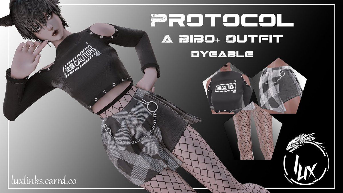 Luxmods_ffxiv's tweet photo. PROTOCOL is out now on my platforms! links in reply

A two-piece techwear outfit consisting of a top and a short combined with a skirt, a chain and fishnet

Dyeable - Dual dye - Toggles (chain &amp; fishnet)

Made from scratch

#luxclothes https://t.co/8WdCxg8zmG