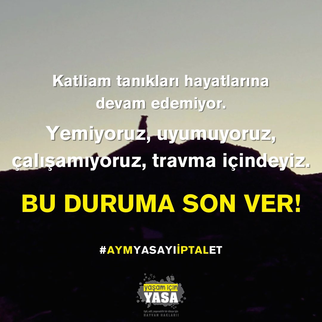 Halkın ve hayvan hakları aktivistlerinin sesine kulak verin <a href="/AYMBASKANLIGI/">Anayasa Mahkemesi</a> <a href="/aymconstcourt/">Constitutional Court of Türkiye</a> 

#AymYasayıİptalEt