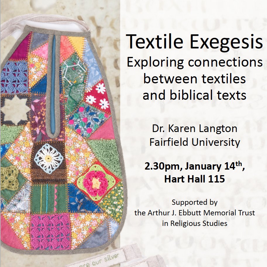 All welcome - public lecture w/ Dr. Karen Langton - a conversation weaving together connections between Vivienne Rowlett’s artistic recreation of 18-century woman’s pockets with the exultant, sometimes troubling themes and imagery found in biblical psalms.
Jan 14 / 2:30pm / HH115