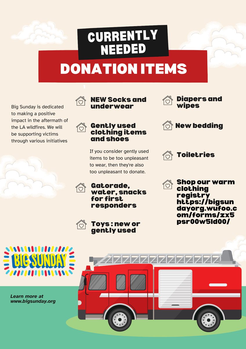 BigSundayorg

11:20 AM
Big Sunday is calling on the community to support the victims of the LA wildfires. This is an updated list of our most needed donation items as of 1/13. We are most in need of NEW socks, and underwear. Donations of water, Gatorade, and protein bars.