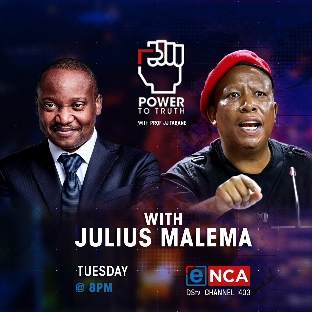 eNCA's tweet photo. [NOT TO BE MISSED] Tomorrow night, @JJTabane will be in conversation with EFF leader @Julius_S_Malema on #PowerToTruth at 8pm on #eNCA channel #DStv403 https://t.co/VK2iNjvoAR