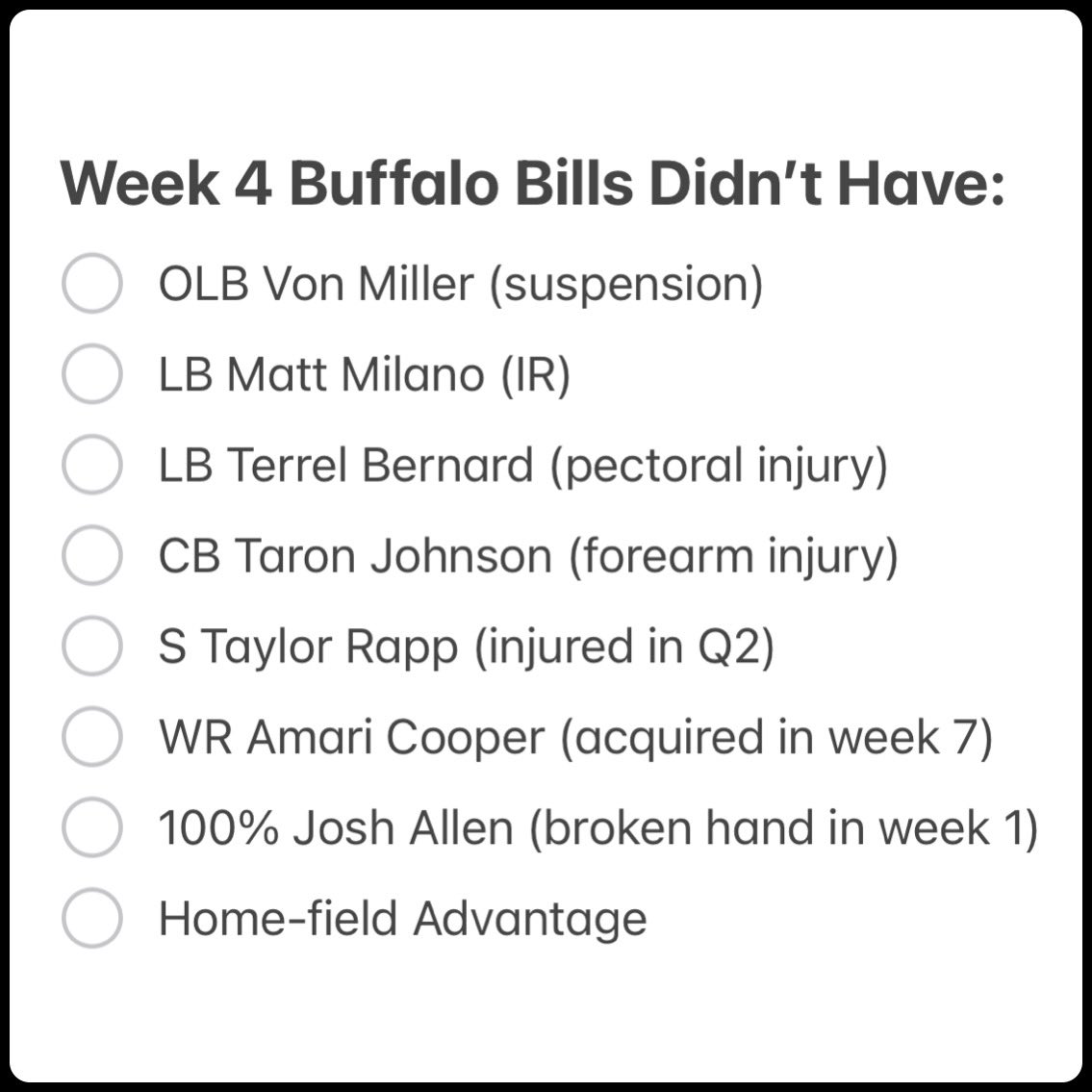 Kyle Whissel (@kylewhissel) on Twitter photo For those asking what will be different when the <a href="/BuffaloBills/">Buffalo Bills</a> face the Baltimore <a href="/Ravens/">Baltimore Ravens</a> this weekend compared to week 4 💙🤍❤️
#BillsMafia #Buffalo #Bills #BuffaloBills #Baltimore #Ravens #BaltimoreRavens #NFL #Playoffs #NFLplayoffs For those asking what will be different when the <a href="/BuffaloBills/">Buffalo Bills</a> face the Baltimore <a href="/Ravens/">Baltimore Ravens</a> this weekend compared to week 4 💙🤍❤️
#BillsMafia #Buffalo #Bills #BuffaloBills #Baltimore #Ravens #BaltimoreRavens #NFL #Playoffs #NFLplayoffs