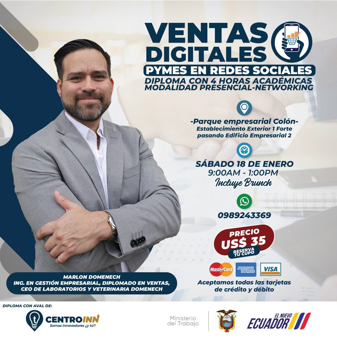centroinnec's tweet photo. Inscríbete en la capacitación Ventas Digitales 💻
Aprenderás estrategias para captar, prospectar y cerrar ventas. 📊

📌Inversión $35
🗓️ Sábado 18 de enero
📍Parque Empresarial Colon 

.¿Te unes? 💡
📲 0989243369
#CentroINN #Somoslnnovadores
#FormaciónCompetitiva #Capacitaciones https://t.co/vCCOYTiQdv