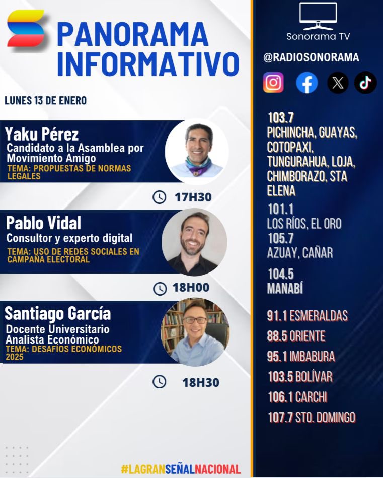 Esta tarde en #PanoramaInformativo conéctate a las entrevistas con <a href="/verorivadeneira/">Verónica Rivadeneira</a> que conversará con el candidato <a href="/yakuperezg/">Yaku Pérez Guartambel</a> sobre sus propuestas legislativas, con <a href="/pablovidalmkt/">Pablo Vidal Marketing</a> sobre el uso de redes sociales en campaña electoral y con el analista <a href="/SantyGarcial/">Santiago García Álvarez</a> sobre los
