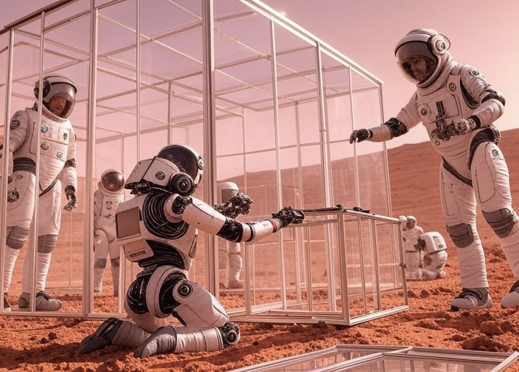 AB_LIFEonMARS's tweet photo. Robots at the service of astronauts on Mars. Robots can be used to pre-prepare the terrain and build before the arrival of people. 3D printing technologies will reduce the amount of materials that need to be delivered from Earth. #Mars 🚀 #RobotsonMars https://t.co/1J29i8Ljvh