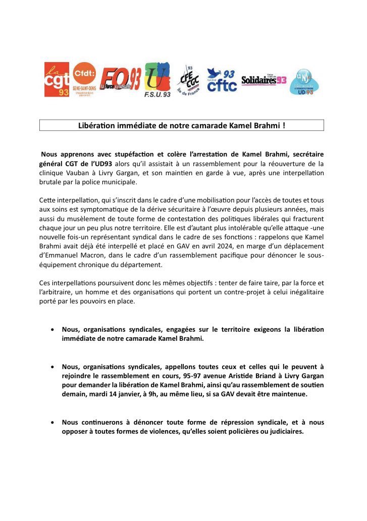 🟥 Notre camarade de l’UD #CGT 93 doit être libéré immédiatement ! 

✊Faisons bloc face à la criminalisation du mouvement #syndical