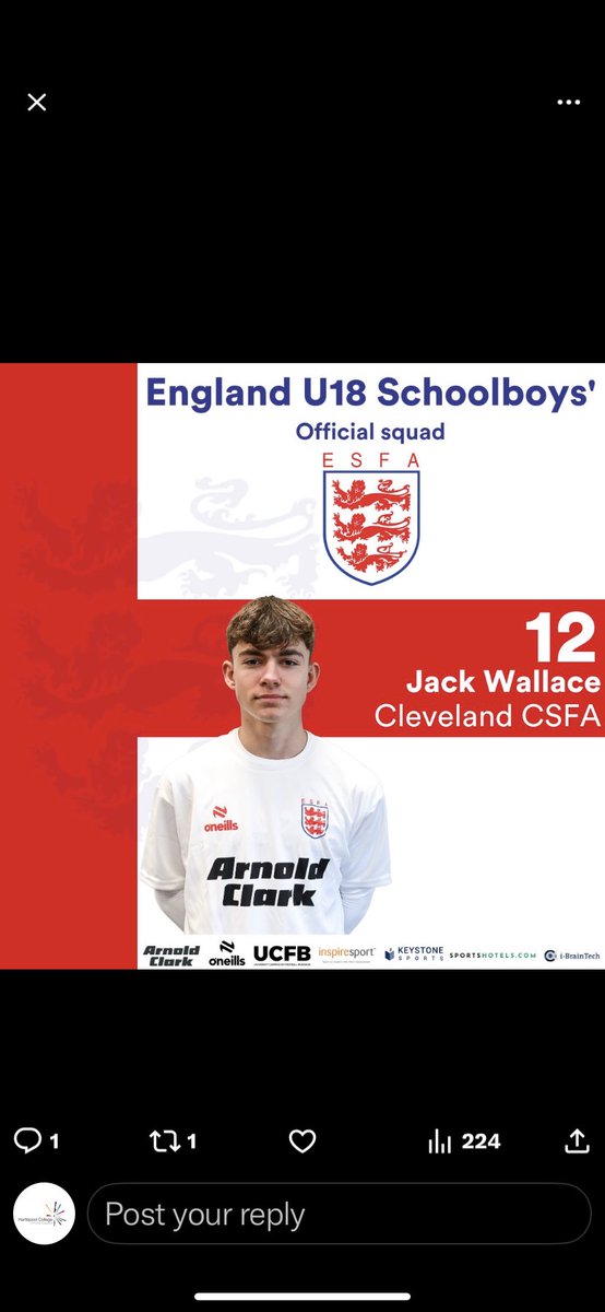 Huge congratulations to our football academy player Jack Wallace who has been selected for the official <a href="/SchoolsFootball/">English Schools' Football Association</a> u18s squad, Jack is part of our development programme with <a href="/Official_HUFC/">Hartlepool United</a>