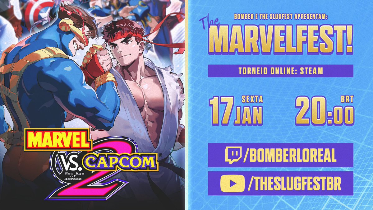 theslugfestbr's tweet image. ⭐️ IT'S MAHVEL BABY! ⭐️
Que tal um torneio de MARVEL VS. CAPCOM 2 hein? Pois teremos, junto com @Bomber2XKO! Bora? 🔥

📅 17/01, Sexta
🕗 20:00 BRT
🏆 Bracket: challonge.com/pt_BR/themarve…
📺 twitch.tv/bomberloreal
📺 youtube.com/@theslugfestbr

RTs ajudam demais! 🍻
#MVC2 #CAPCOM