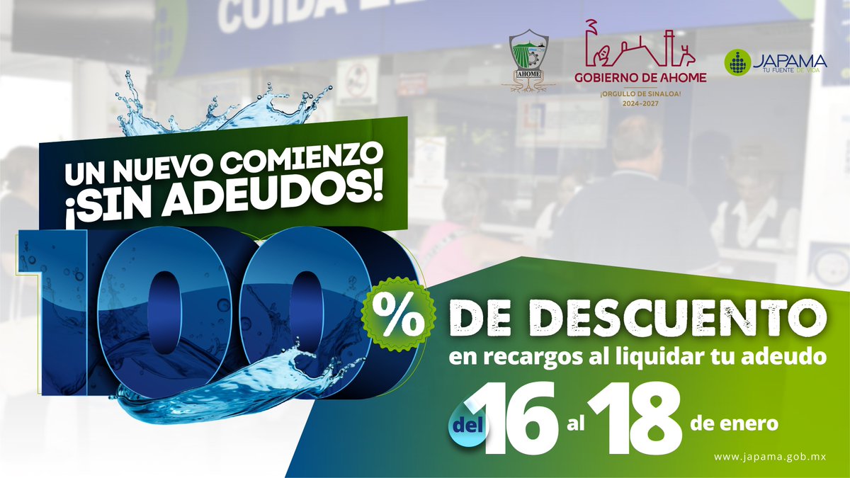JAPAMAAHOME's tweet photo. Enero es el mes de los nuevos inicios. Aprovecha el 100% de descuento en recargos pagando tu adeudo y empieza con tu cuenta JAPAMA desde cero.
#DescuentoEspecial #JAPAMA #descuentosjapama #PagaElAgua #REGULARIZATE https://t.co/gCU9LO2jEh