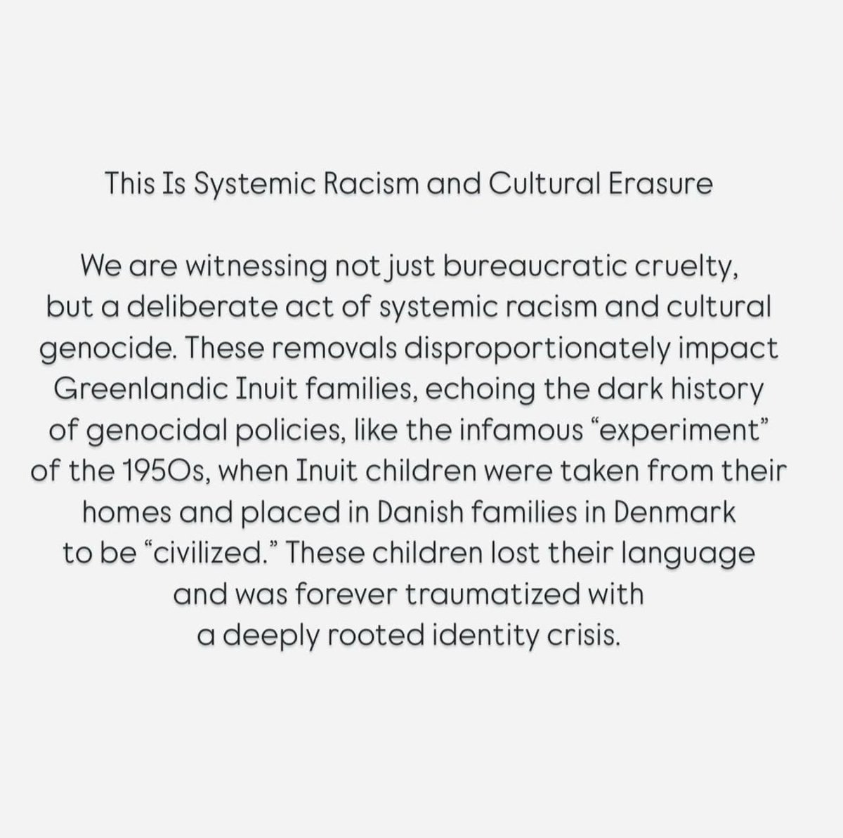 hundreds of greenlandic inuit children are being removed from their homes due to greenlands racist policies deeming inuit families "unfit" - an act of modern day genocide (🧵)

repost from @/ paninng.uaq on instagram

(1/4)