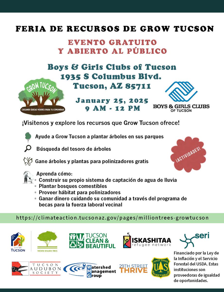 29thrive's tweet image. Join us for our GROW Tucson Resource Fair on Sat Jan 25 9am-12pm at the Boys &amp;amp; Girls Clubhouse 
🌳Help plant trees
🔎Scavenger Hunt
🦋Win free trees &amp;amp; pollinator plants
🌧️Learn to build rainwater harvesting basin &amp;amp; more!

GROW Tucson grant initiative info:
climateaction.tucsonaz.gov/pages/milliont…