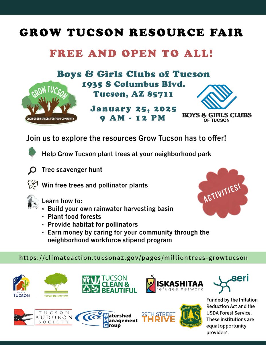 29thrive's tweet image. Join us for our GROW Tucson Resource Fair on Sat Jan 25 9am-12pm at the Boys &amp;amp; Girls Clubhouse 
🌳Help plant trees
🔎Scavenger Hunt
🦋Win free trees &amp;amp; pollinator plants
🌧️Learn to build rainwater harvesting basin &amp;amp; more!

GROW Tucson grant initiative info:
climateaction.tucsonaz.gov/pages/milliont…