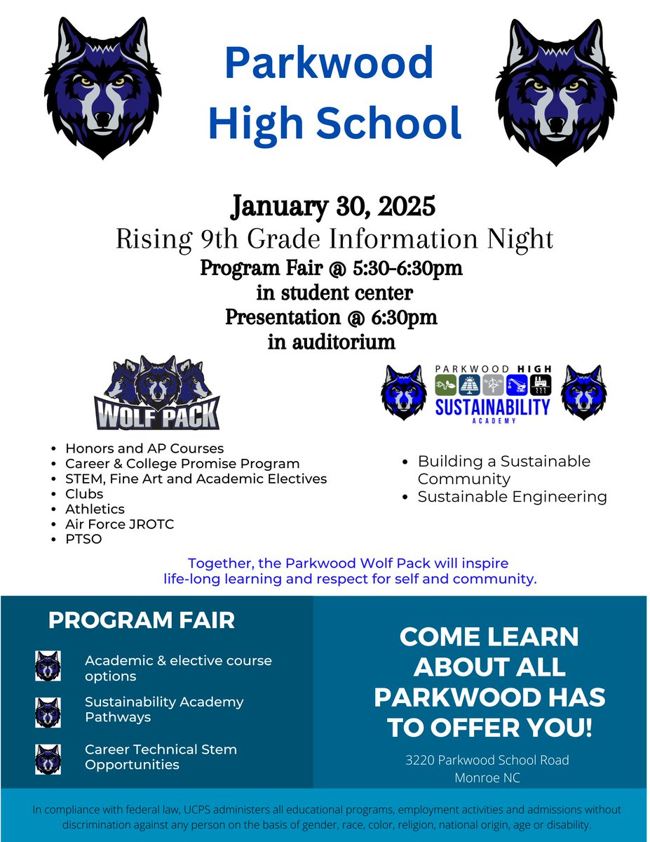 Parkwood Middle School (@parkwoodmsnc) on Twitter photo Be Proactive, 8th grade families! High School is right around the corner! To prepare, consider attending rising 9th grade night at PWHS on Jan 30! <a href="/AGHoulihan/">Andrew G. Houlihan</a> <a href="/UCPSNC/">Union County Public Schools</a> <a href="/ParkwoodHSNC/">Parkwood High School</a> <a href="/jpdelucia/">John DeLucia</a> Be Proactive, 8th grade families! High School is right around the corner! To prepare, consider attending rising 9th grade night at PWHS on Jan 30! <a href="/AGHoulihan/">Andrew G. Houlihan</a> <a href="/UCPSNC/">Union County Public Schools</a> <a href="/ParkwoodHSNC/">Parkwood High School</a> <a href="/jpdelucia/">John DeLucia</a>