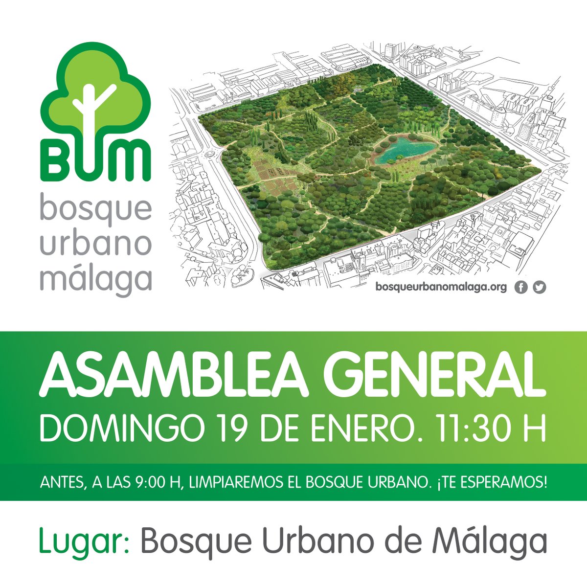 El domingo 19 de enero, a las 11:30 h, celebraremos una nueva #asamblea general de <a href="/BosqueUrbanoMA/">Bosque Urbano Málaga</a>. Antes de la asamblea, desde las 9:00 h, limpiaremos la parte sudoriental de los terrenos. 
Punto de encuentro 👉🏼 bit.ly/3PTFnoN
¡Os esperamos! 🤗 #YoQuieroBUM 💚🌳