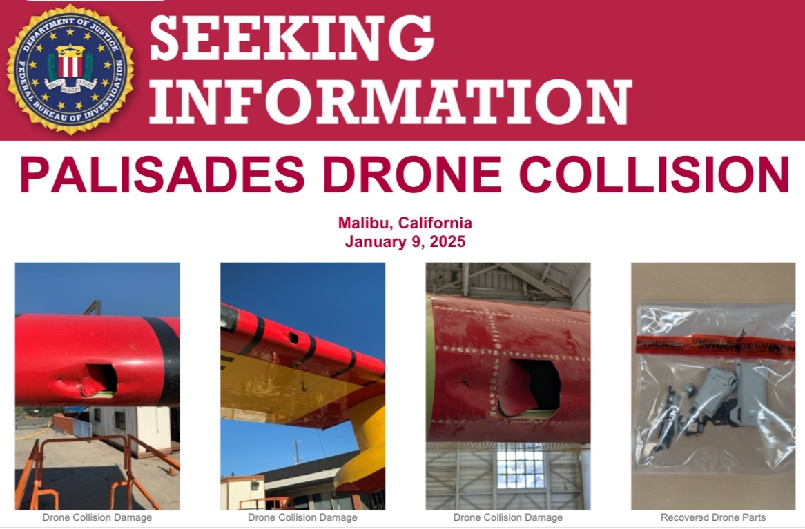 The FBI is seeking information that leads to the identity of a UAS pilot whose drone collided with a “super scooper” airplane conducting fire suppression operations at the #PalisadesFire near Malibu, California. Details &amp; and how to contact the FBI here:
fbi.gov/wanted/seeking…