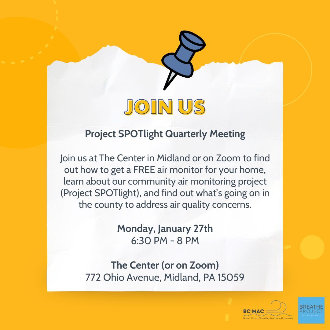 bcmac_'s tweet photo. Want to help improve air quality in Beaver County? 🌬️ Join us for the Project SPOTlight meeting on Jan 27 to learn how to get a FREE air monitor &amp; tackle air quality concerns in your community. Register now: https://t.co/VJUdS3GsJO #EyesOnAir https://t.co/5OKpAaQuSO