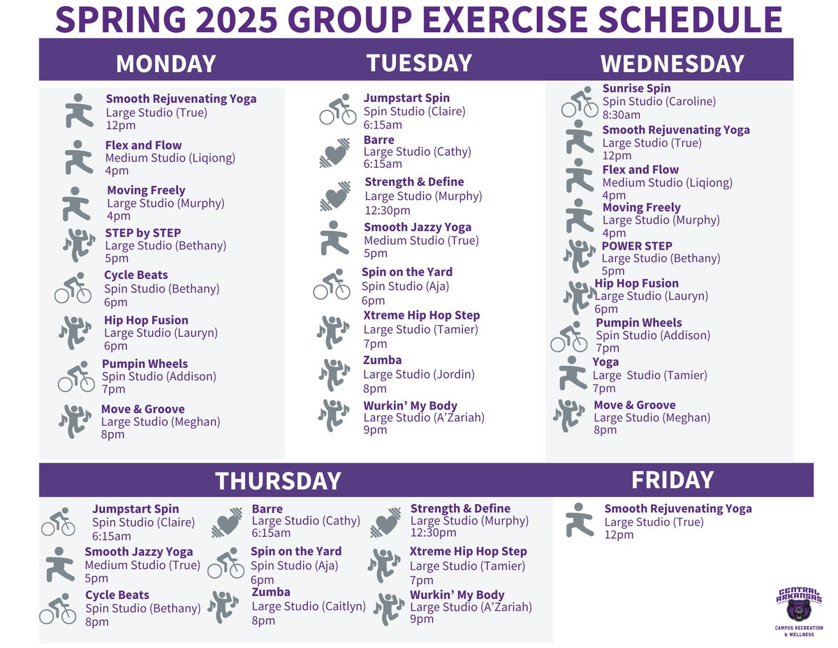 UPDATE - Group Exercise Classes
NO classes on Monday, January 20 - MLK Observance.
Spin (Wednesday, 5 pm) with Krystal CANCELED for the semester.
