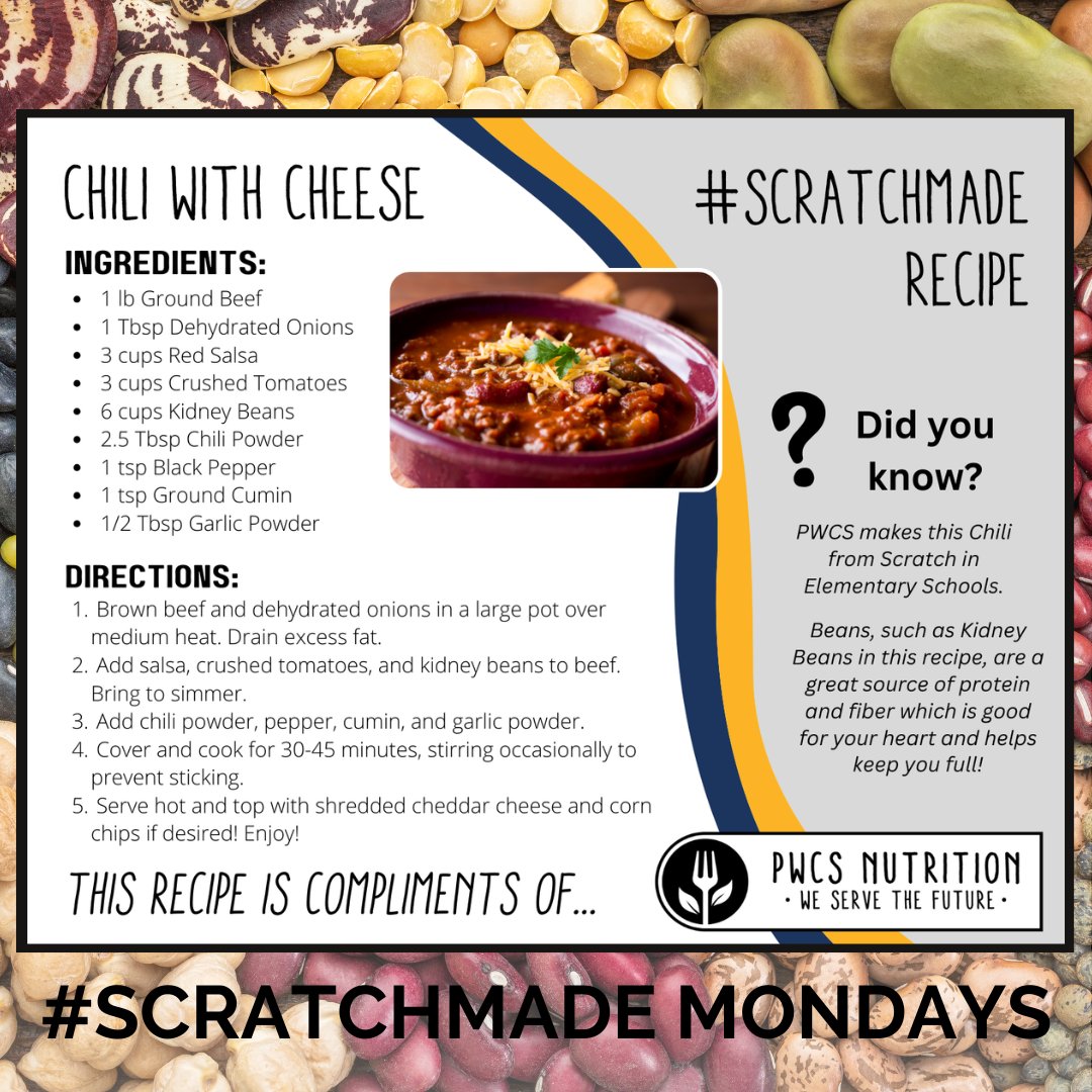 PWCSNutrition's tweet photo. Welcome back from break @PWCSNews students! Elementary schools warmed up with a serving of our #ScratchMade Chili. It is also #NationalBeanDay, so what a perfect day for a bowl of chili. #ScratchMadeMondays #SchoolLunch #NoKidHungry https://t.co/R3Iv6RwX6z