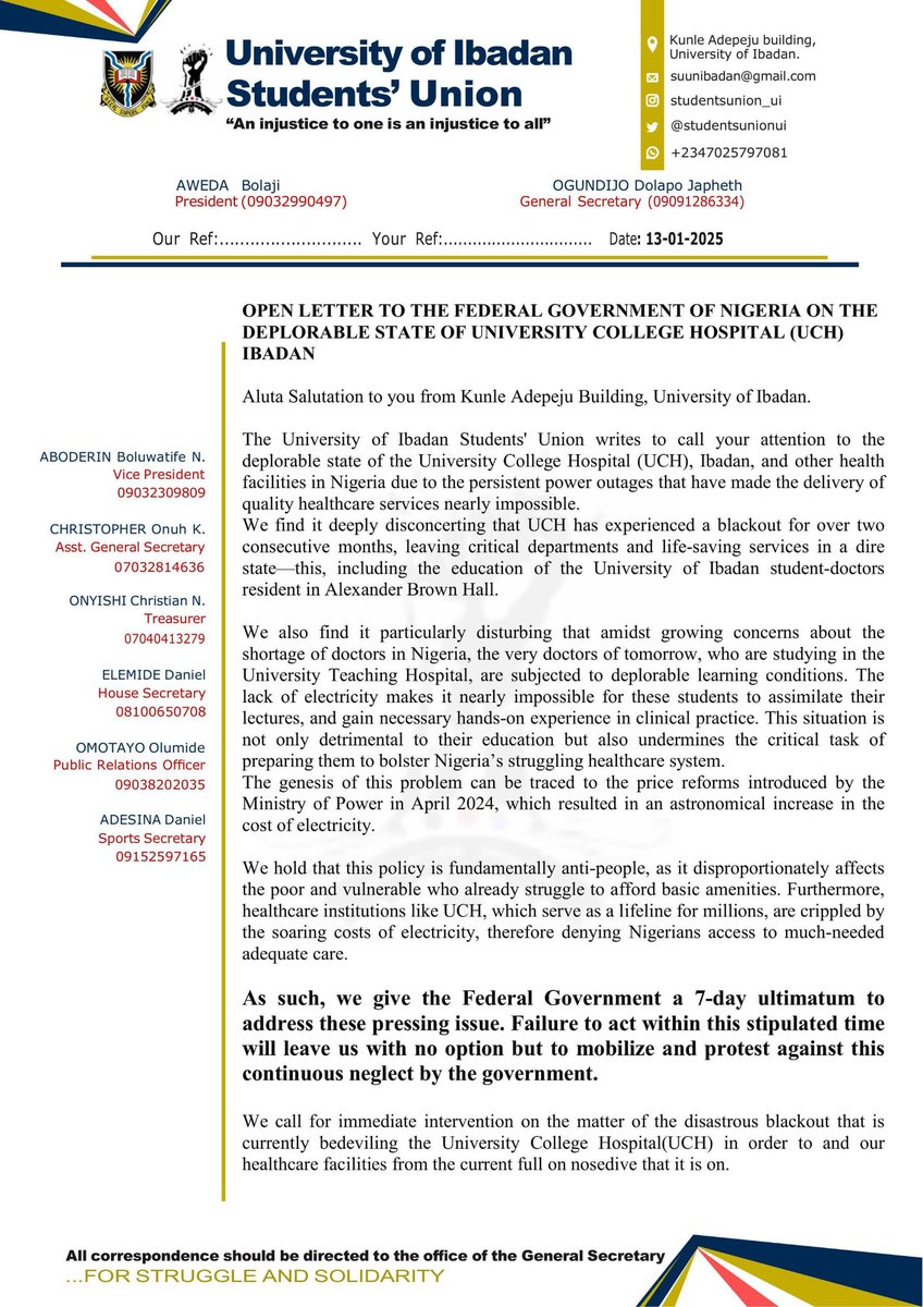 studentsunionui's tweet photo. OPEN LETTER TO FEDERAL GOVERNMENT OF NIGERIA

cc: @NGRPresident @officialABAT @NigEducation @Fmohnigeria @federal_power @NigeriaGov @UNICEF_Nigeria @AjuriNgelale @HMMohammedIdris @FMINONigeria https://t.co/xh2rTycoCo