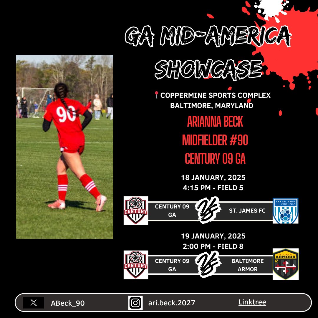 Arianna Beck (@abeck_90) on Twitter photo Heading to Baltimore, Maryland this weekend to compete in the GA Mid-America Showcase with my <a href="/Century09GA/">Century 09 Girls Academy</a> team!
<a href="/ImYouthSoccer/">ECNL/GA/Recruiting/College Soccer</a>
<a href="/TopDrawerSoccer/">TopDrawerSoccer</a>
<a href="/PrepSoccer/">Prep Soccer ⚽️</a>
<a href="/TheSoccerWire/">SoccerWire</a>
<a href="/Century_Utd/">Century United</a>
<a href="/GAcademyLeague/">Girls Academy</a> Heading to Baltimore, Maryland this weekend to compete in the GA Mid-America Showcase with my <a href="/Century09GA/">Century 09 Girls Academy</a> team!
<a href="/ImYouthSoccer/">ECNL/GA/Recruiting/College Soccer</a>
<a href="/TopDrawerSoccer/">TopDrawerSoccer</a>
<a href="/PrepSoccer/">Prep Soccer ⚽️</a>
<a href="/TheSoccerWire/">SoccerWire</a>
<a href="/Century_Utd/">Century United</a>
<a href="/GAcademyLeague/">Girls Academy</a>