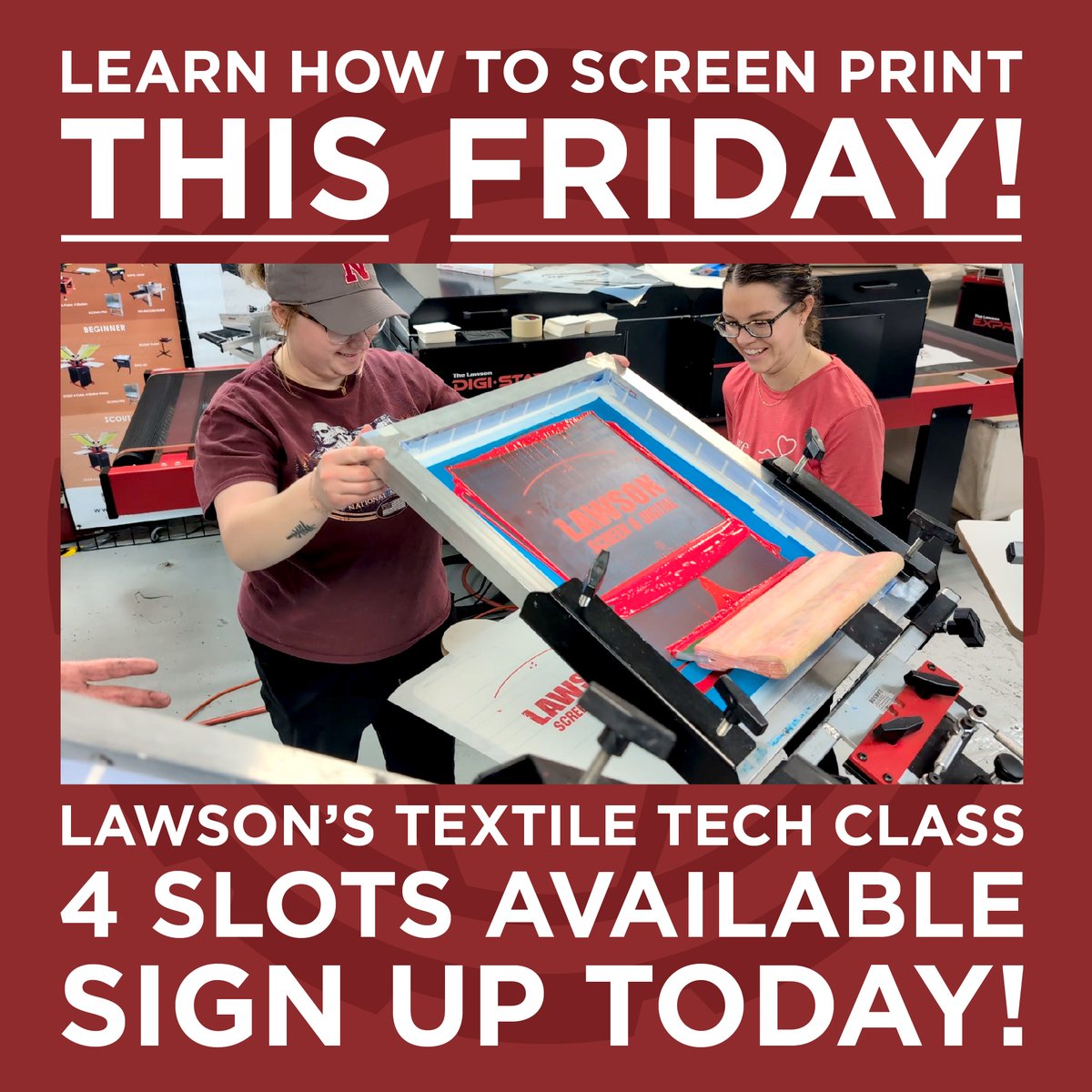 Learn to screen print by this weekend! Four slots available. Sign up: lawsonsp.com/pages/textile-…