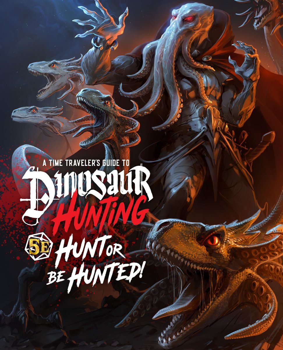 splatteredink's tweet photo. A Time Traveler's Guide to Dinosaur Hunting launches on Kickstarter tomorrow!!! WE CAN"T WAIT! Working on the final touches to the KS page now. 🦖🔥 ⁠
.⁠
#roleplayinggames #tabletoproleplayinggames #newRPG #roleplayinggame #dnd5e #fantasyart #dinosaur #timetravel https://t.co/cYUfPf8I19