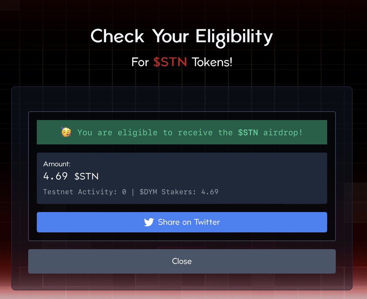 From0To10k's tweet photo. Nouvel airdrop $STN à vérifier pour ceux qui stake du $DYM. Il vous suffit simplement d'indiquer votre adresse dans le champ disponible sur la page.

✅ Site : https://t.co/DYKKL6jJdN

La totalité des tokens seront disponibles lors de la phase de TGE. https://t.co/aBNJpwnUwC