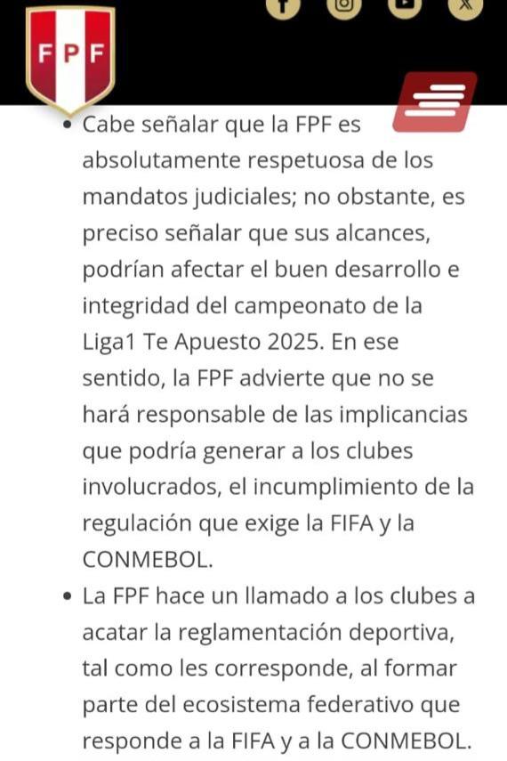 El Reglamento del torneo Liga 1 2025 ndica que la baja administrativa se considera baja deportiva, es decir si FIFA determina desafiliacion a los 2 clubes que han ido al poder judicial en cualquier mes de año, se acabó la lucha por no descender, torneo desvirtuado 
Corregir Art.